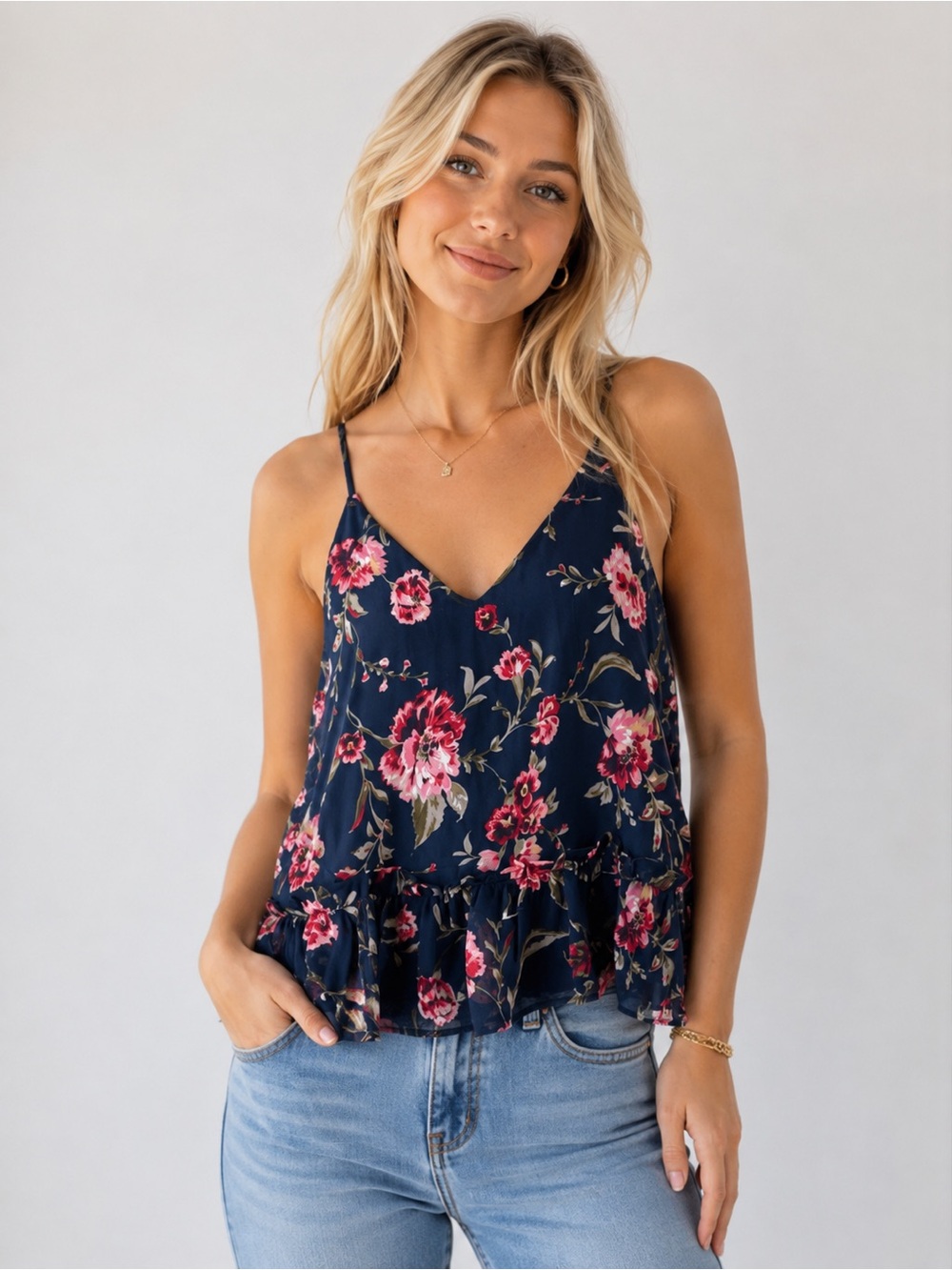 Patrons of Peace navy blue floral top in size Large